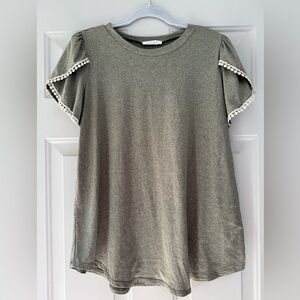 Reborn Olive Short Sleeve Top with Lace Accents